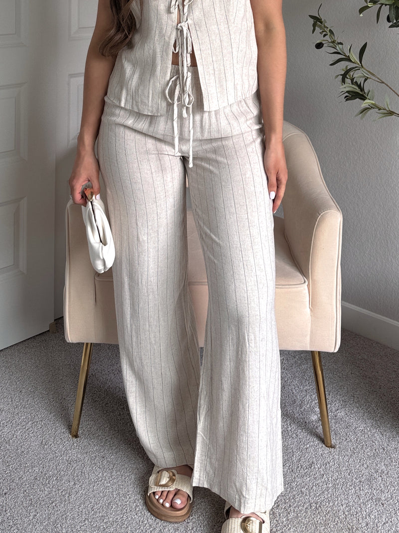 Cove Pinstripe Drawstring Wide Leg Pants (Oatmeal)