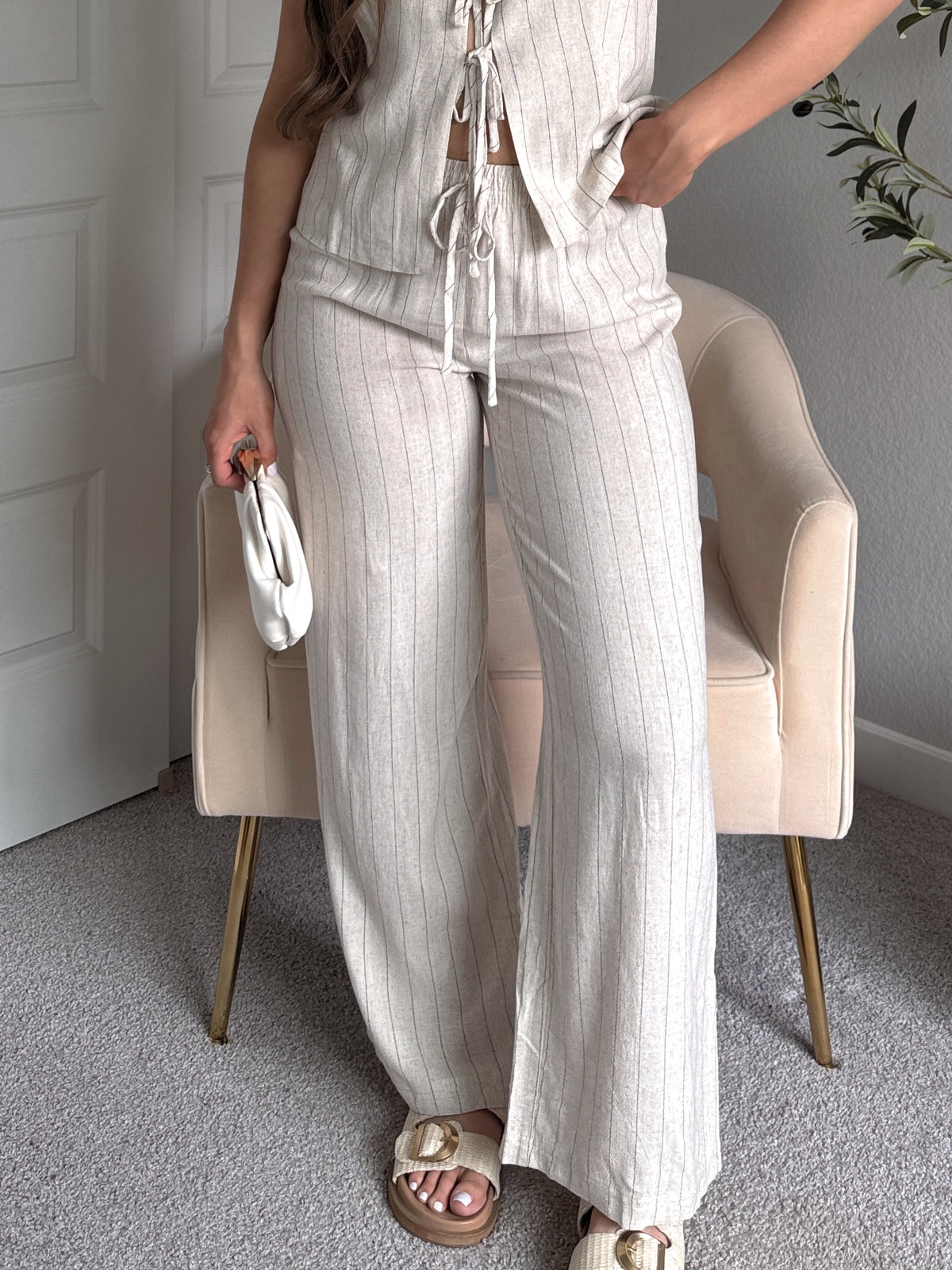 Cove Pinstripe Drawstring Wide Leg Pants (Oatmeal)
