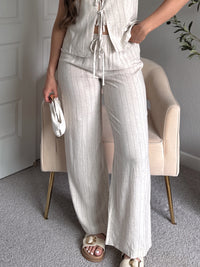 Cove Pinstripe Drawstring Wide Leg Pants (Oatmeal)