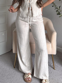 Cove Pinstripe Drawstring Wide Leg Pants (Oatmeal)