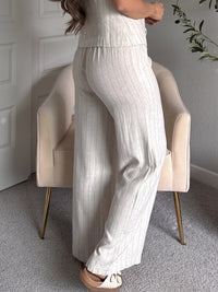 Cove Pinstripe Drawstring Wide Leg Pants (Oatmeal)