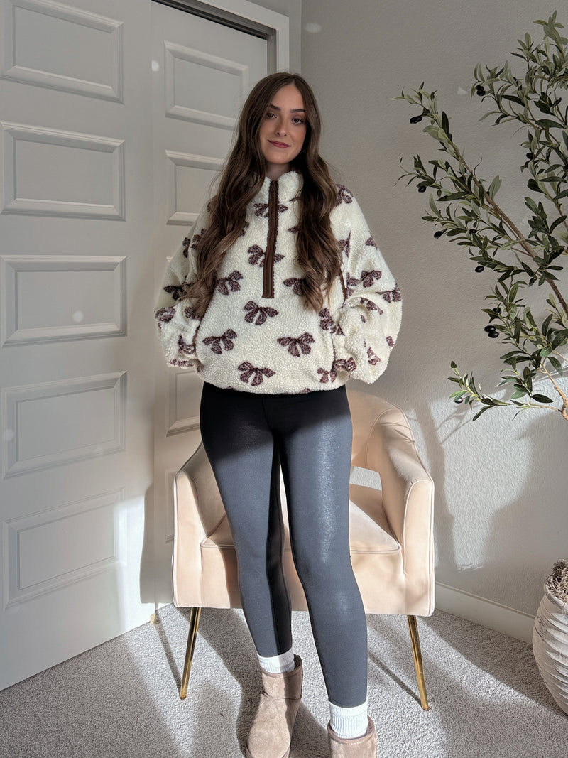Delilah Bow Printed Quarter-Zip Fleece Jacket (Cream)