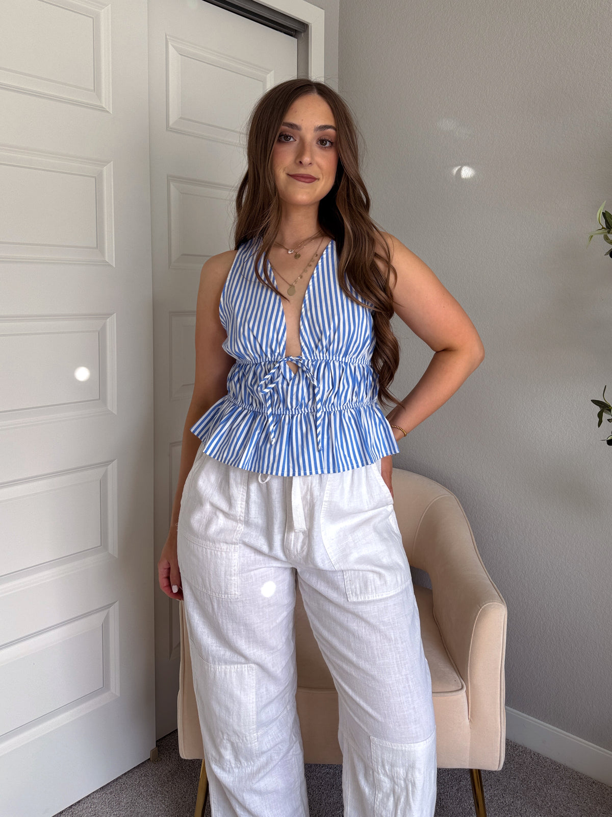 Delilah Striped Poplin Peplum Top (Blue)