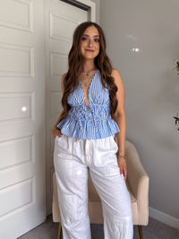 Delilah Striped Poplin Peplum Top (Blue)