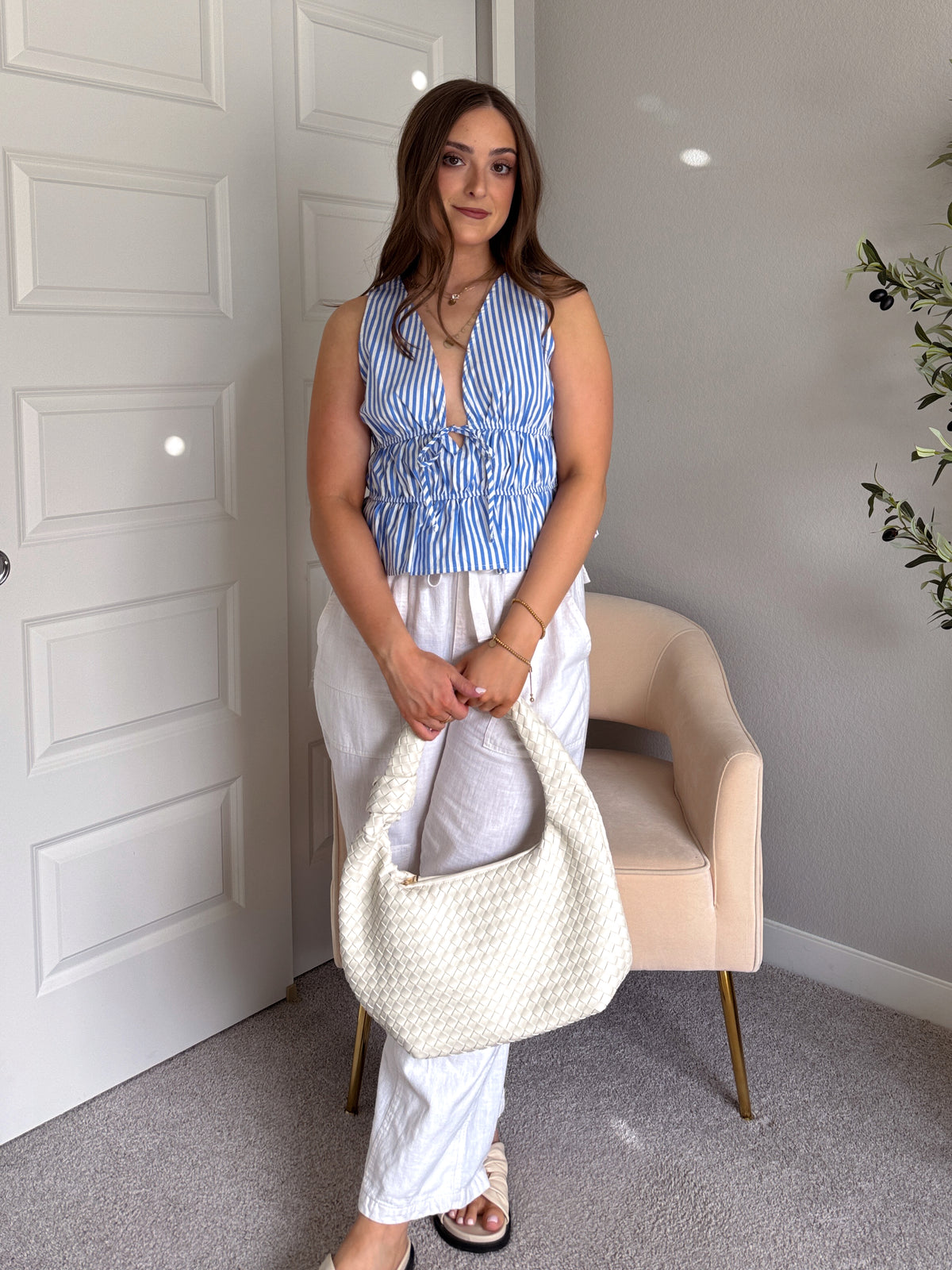 Delilah Striped Poplin Peplum Top (Blue)