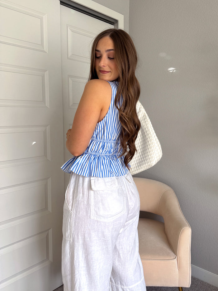 Delilah Striped Poplin Peplum Top (Blue)