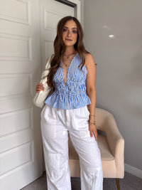 Delilah Striped Poplin Peplum Top (Blue)