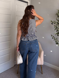 Delilah Striped Poplin Peplum Top (Navy)