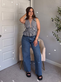 Delilah Striped Poplin Peplum Top (Navy)