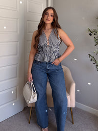 Delilah Striped Poplin Peplum Top (Navy)