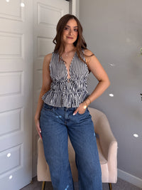 Delilah Striped Poplin Peplum Top (Navy)