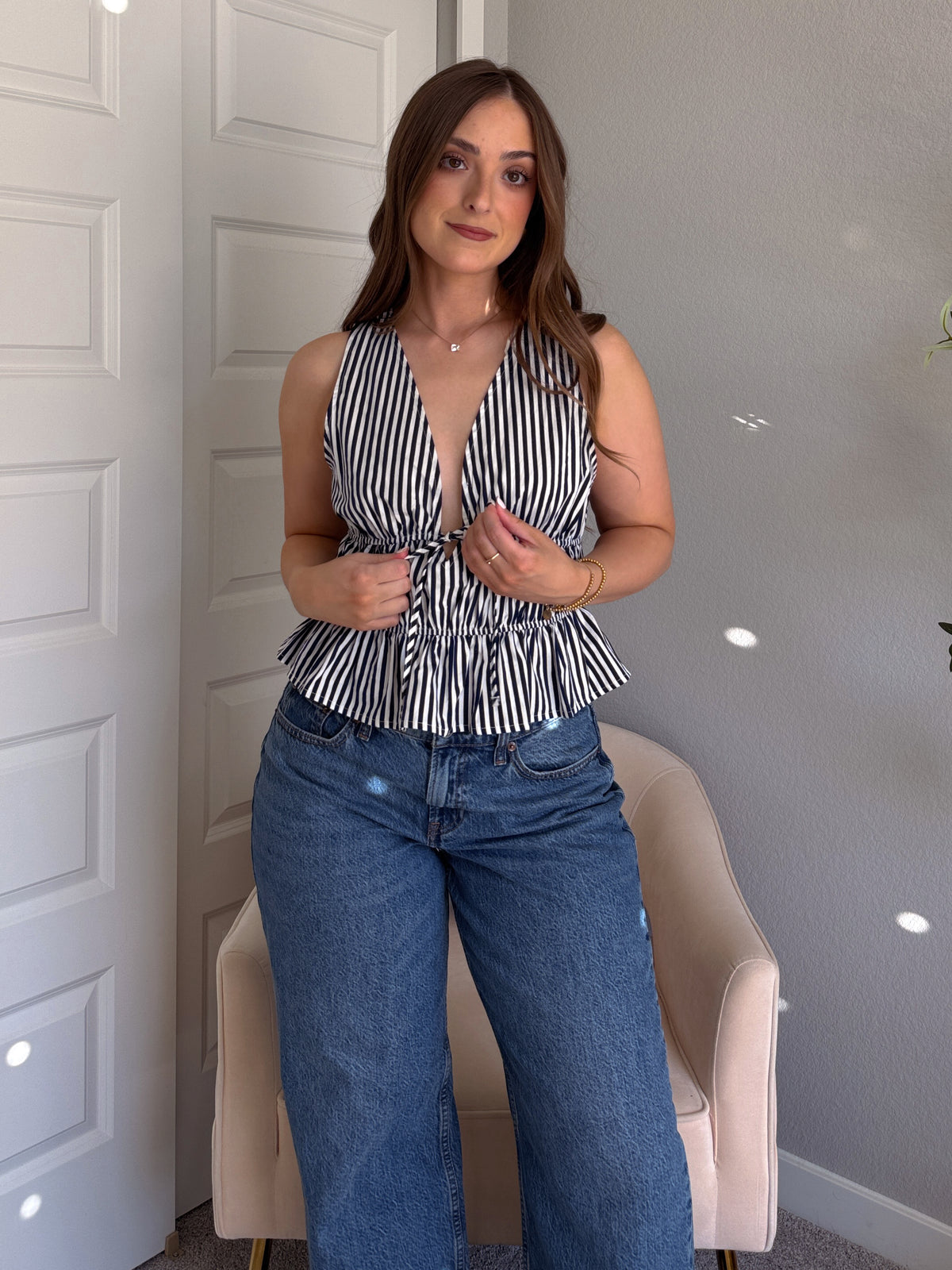Delilah Striped Poplin Peplum Top (Navy)