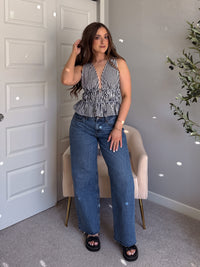 Delilah Striped Poplin Peplum Top (Navy)