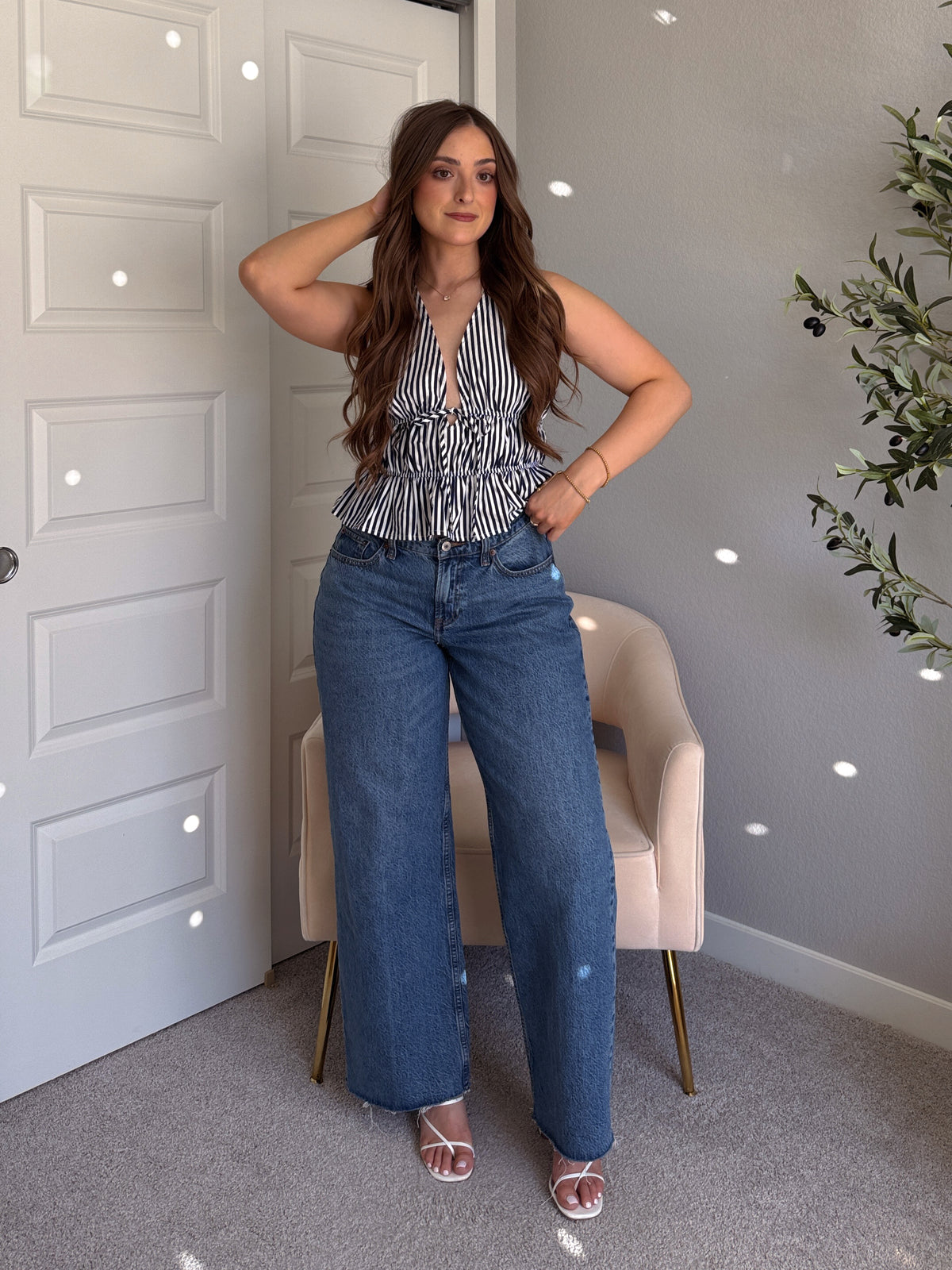 Delilah Striped Poplin Peplum Top (Navy)