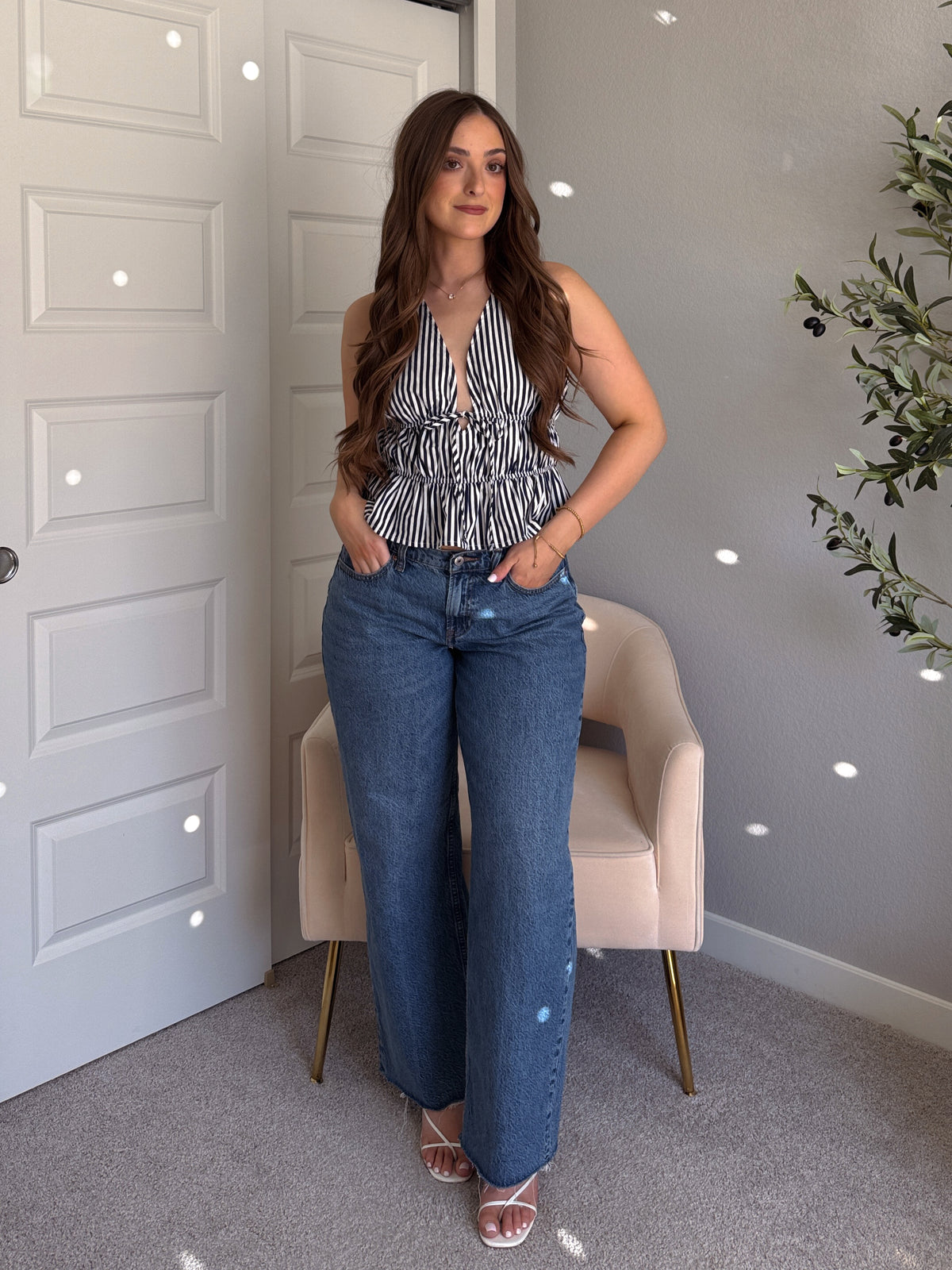 Delilah Striped Poplin Peplum Top (Navy)