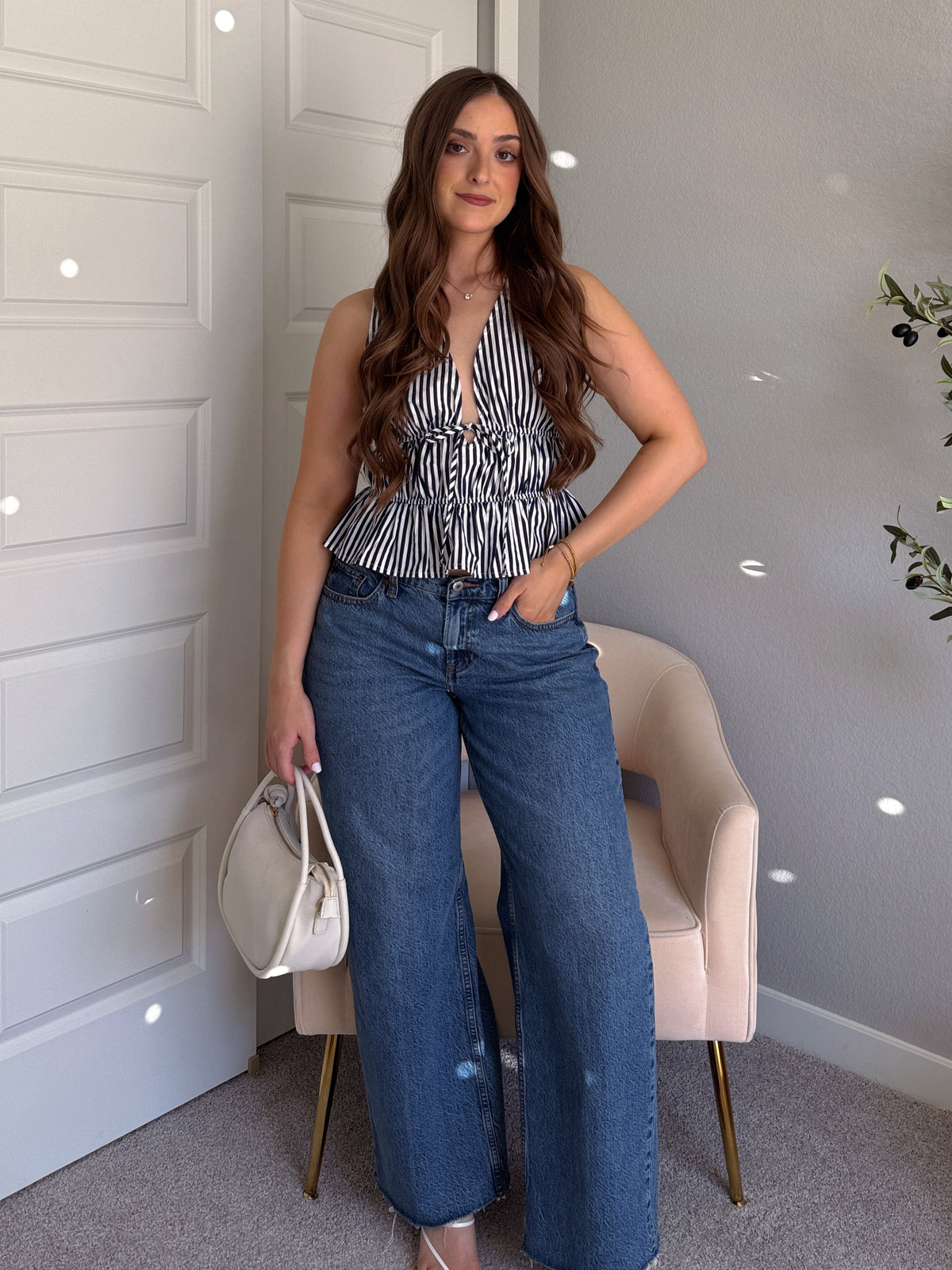 Delilah Striped Poplin Peplum Top (Navy)