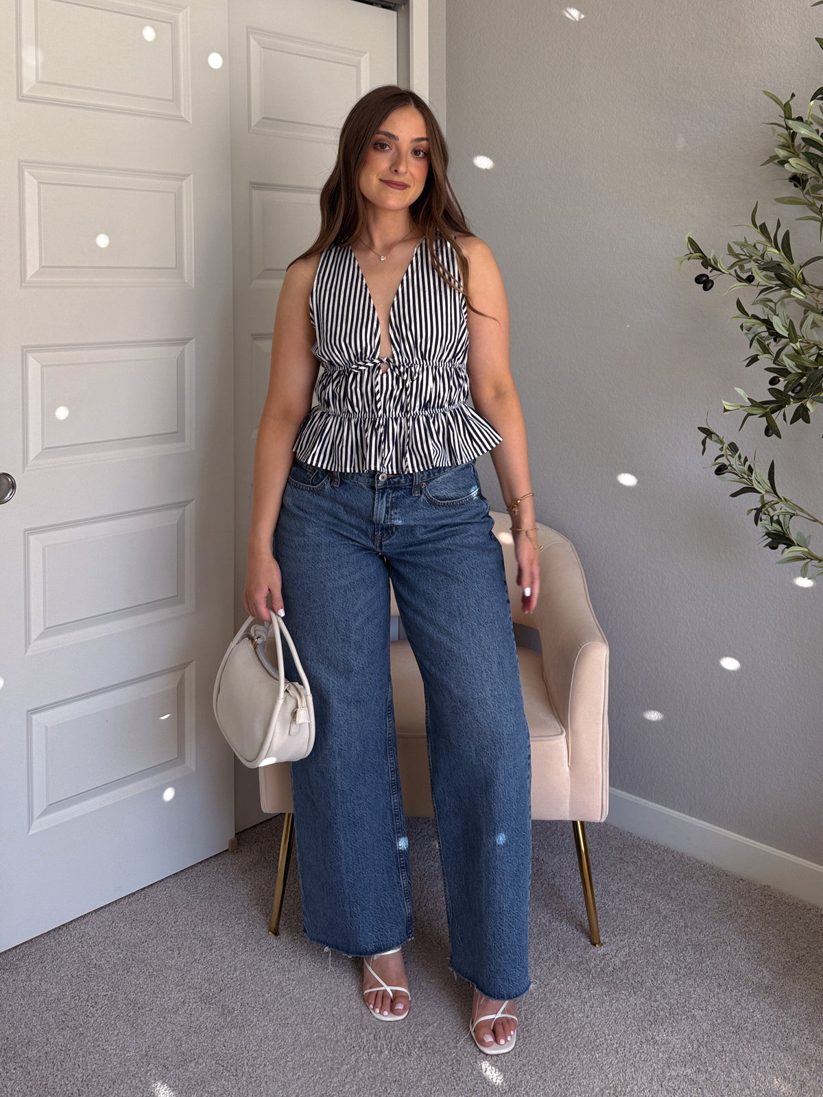 Delilah Striped Poplin Peplum Top (Navy)
