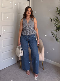 Delilah Striped Poplin Peplum Top (Navy)