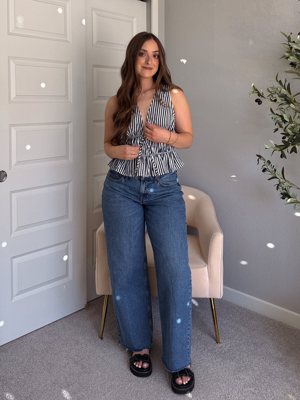 Delilah Striped Poplin Peplum Top (Navy)