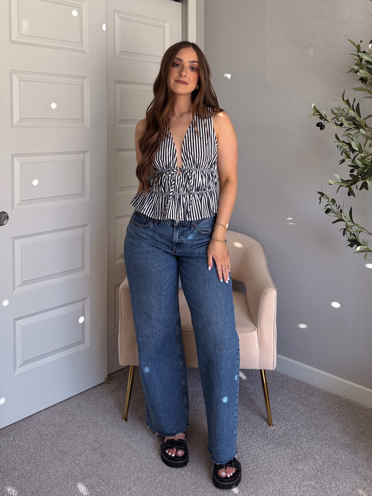 Delilah Striped Poplin Peplum Top (Navy)