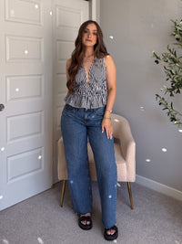 Delilah Striped Poplin Peplum Top (Navy)