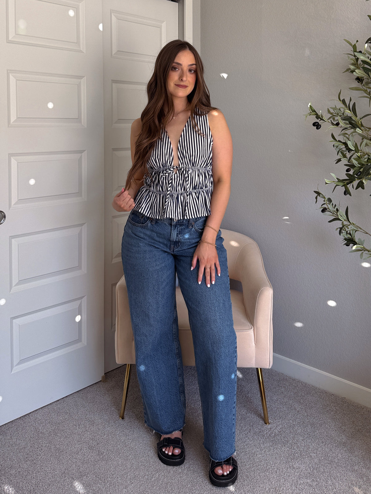 Delilah Striped Poplin Peplum Top (Navy)