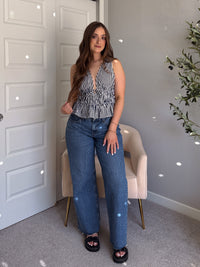 Delilah Striped Poplin Peplum Top (Navy)