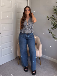 Delilah Striped Poplin Peplum Top (Navy)