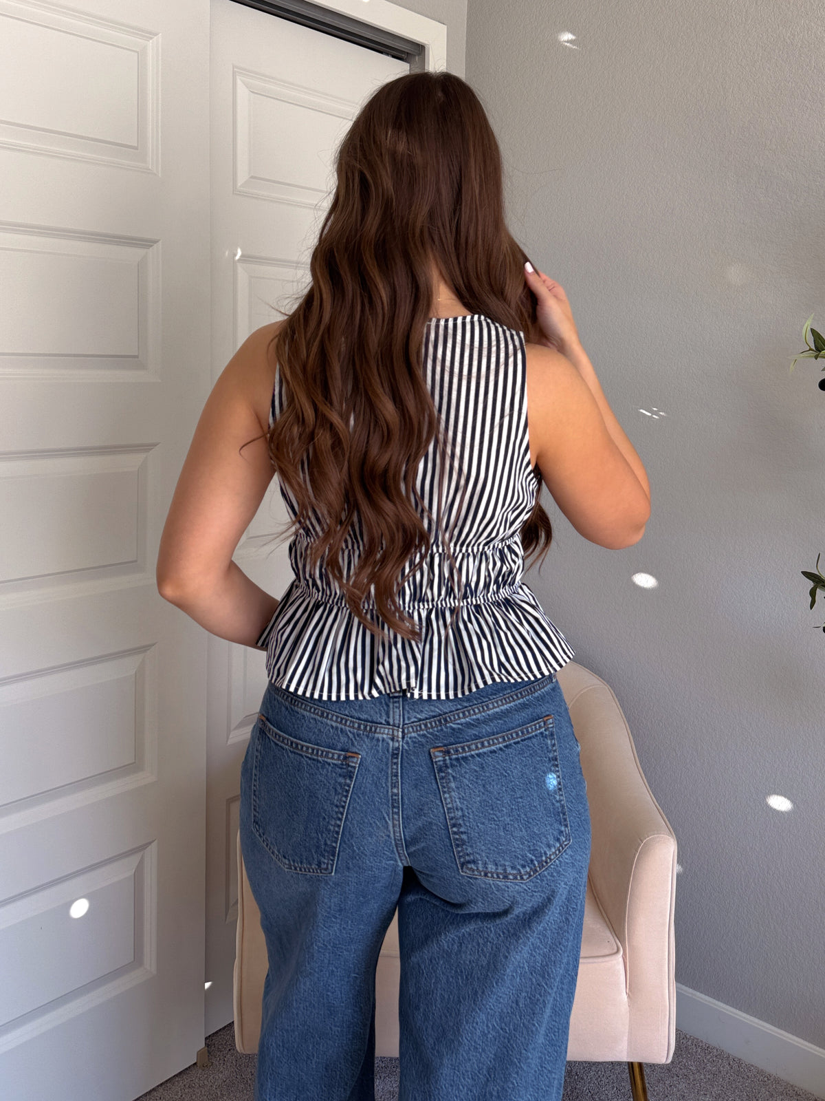 Delilah Striped Poplin Peplum Top (Navy)