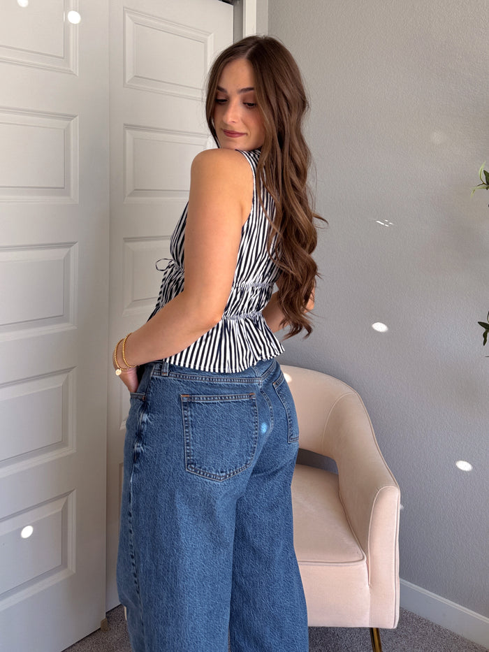 Delilah Striped Poplin Peplum Top (Navy)