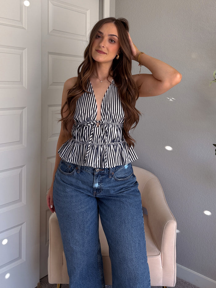 Delilah Striped Poplin Peplum Top (Navy)