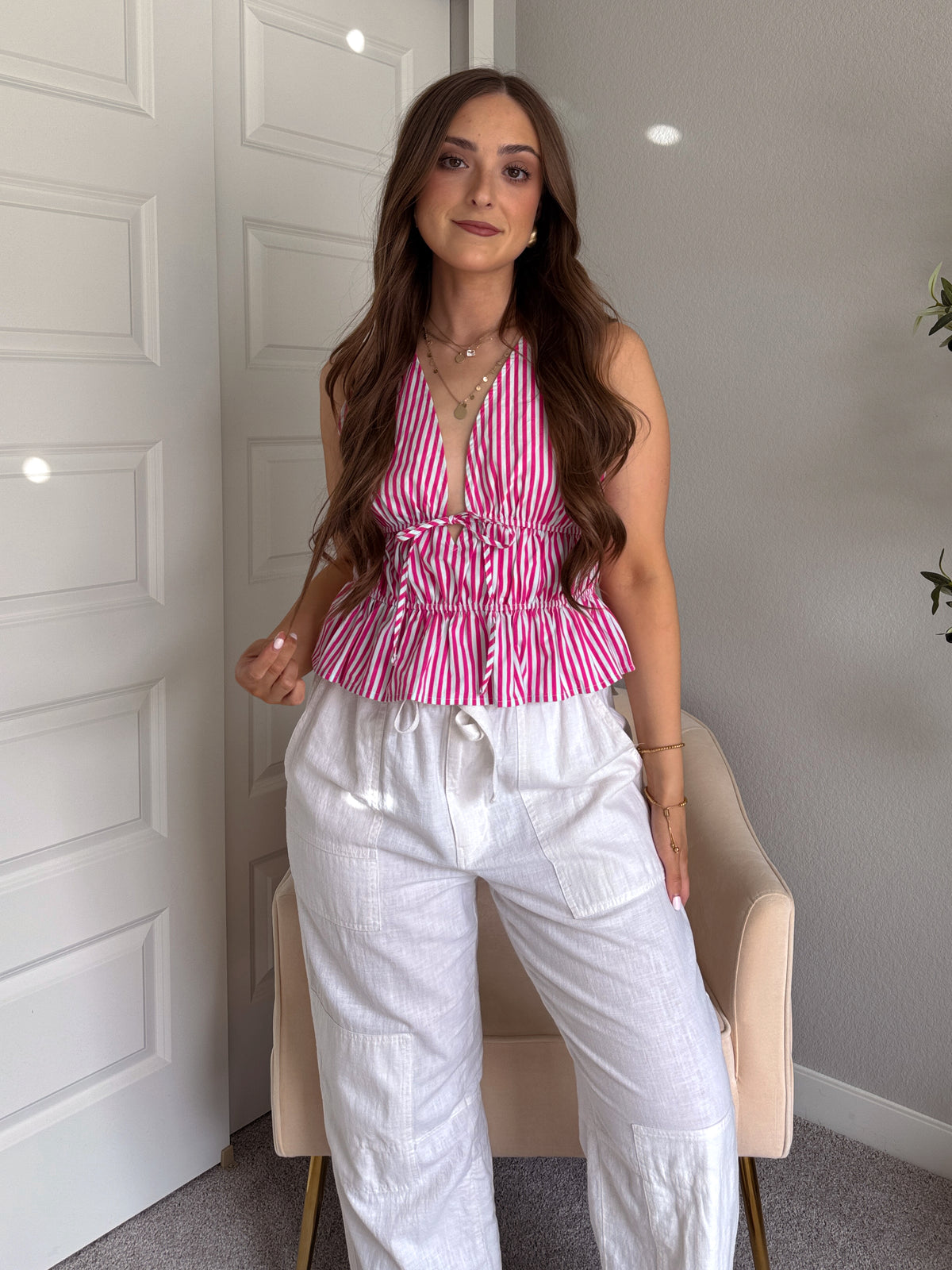 Delilah Striped Poplin Peplum Top (Pink)