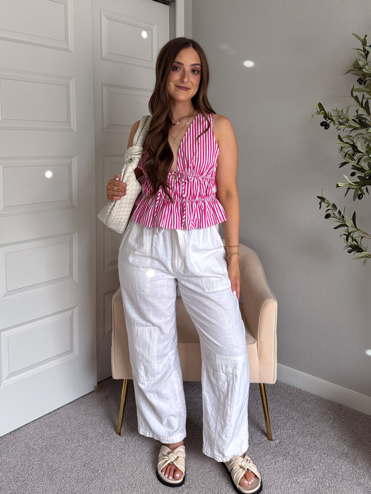 Delilah Striped Poplin Peplum Top (Pink)