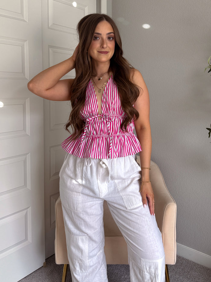 Delilah Striped Poplin Peplum Top (Pink)