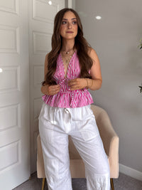 Delilah Striped Poplin Peplum Top (Pink)