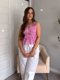 Delilah Striped Poplin Peplum Top (Pink)