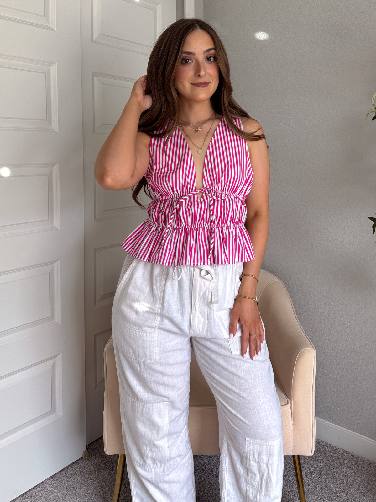 Delilah Striped Poplin Peplum Top (Pink)