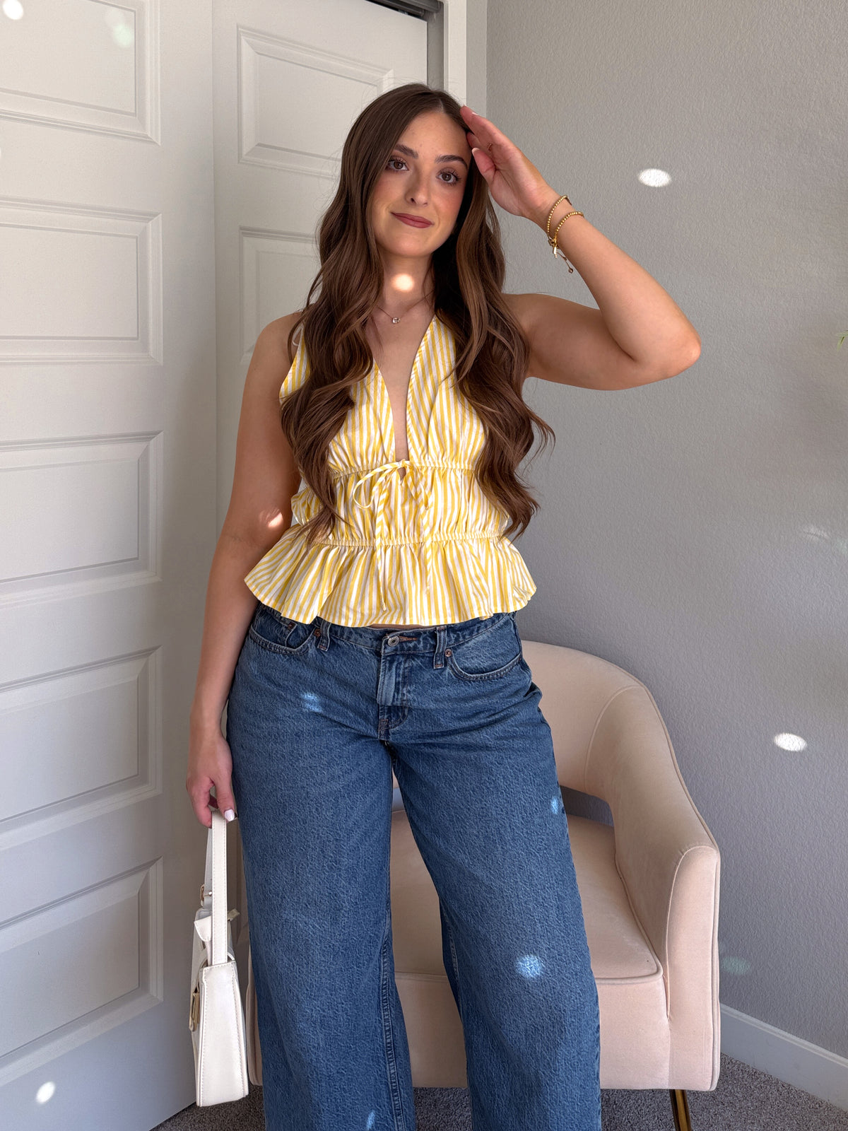Delilah Striped Poplin Peplum Top (Yellow)