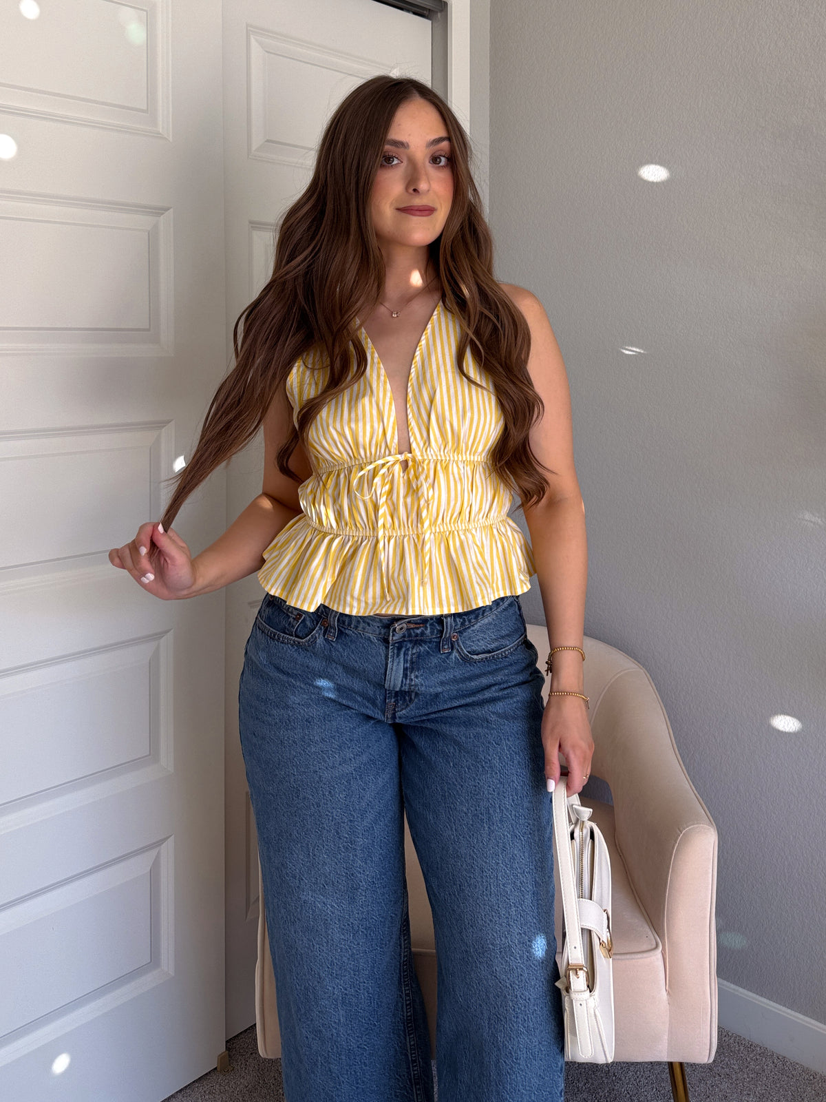Delilah Striped Poplin Peplum Top (Yellow)