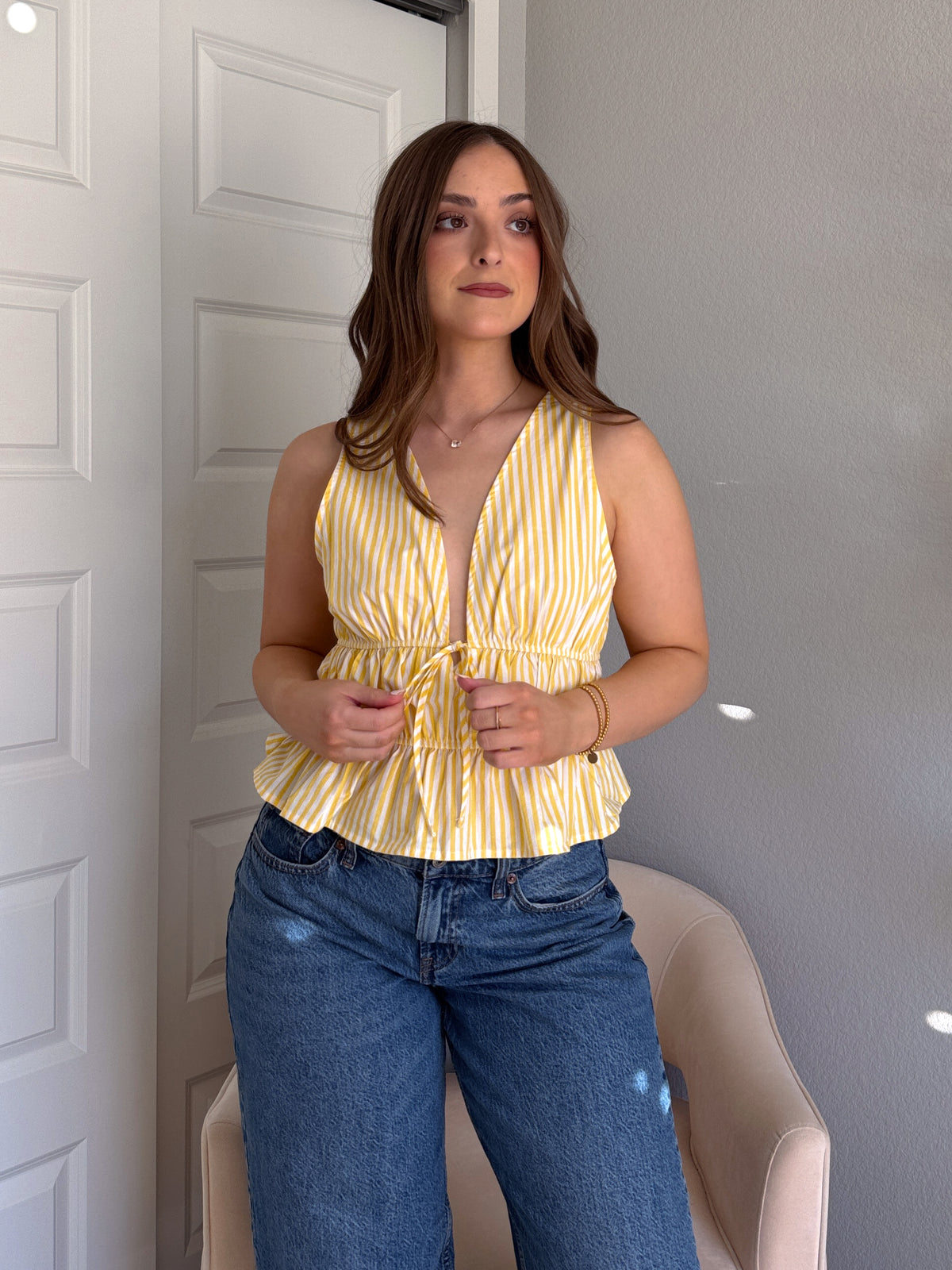 Delilah Striped Poplin Peplum Top (Yellow)