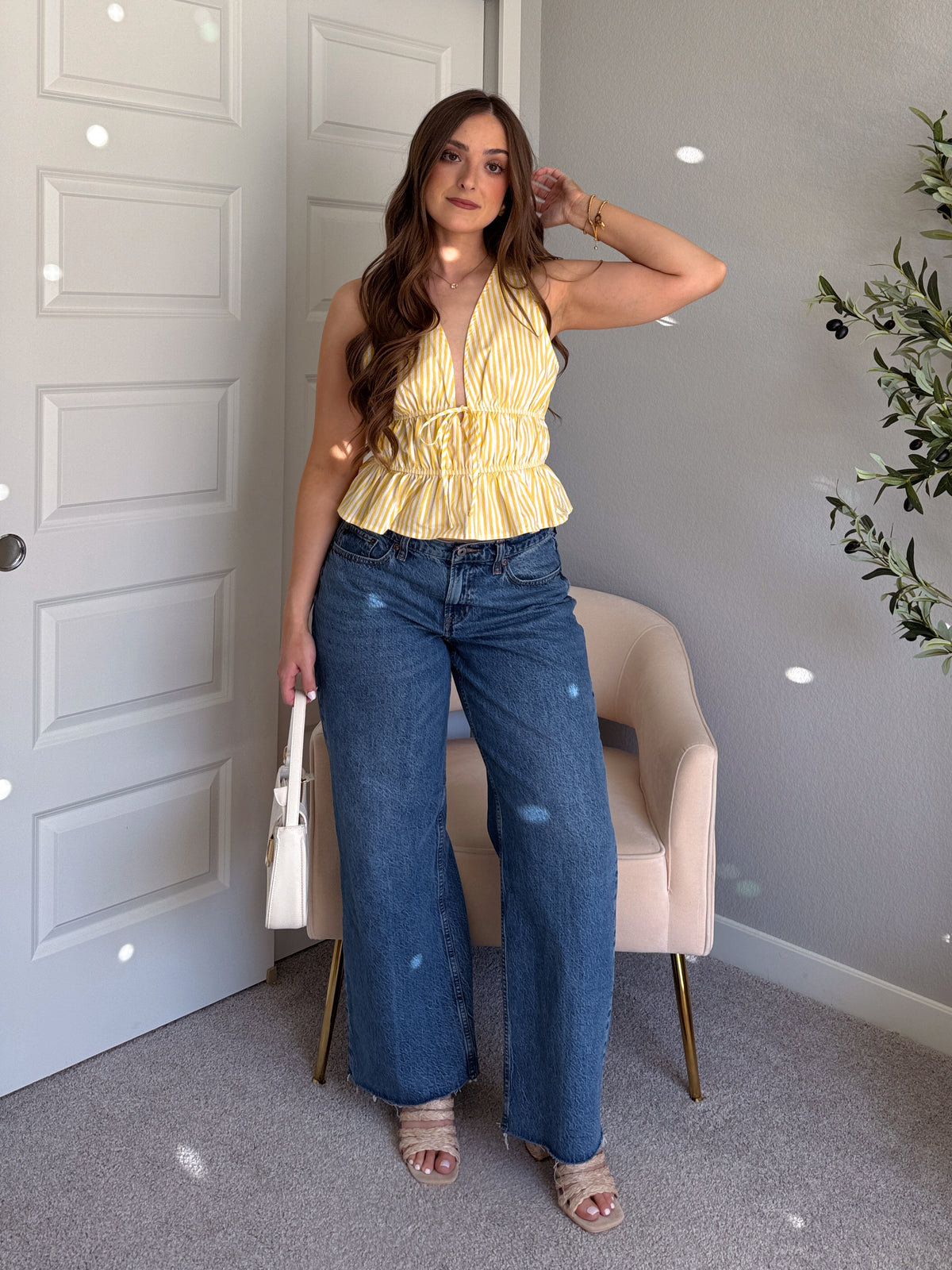 Delilah Striped Poplin Peplum Top (Yellow)