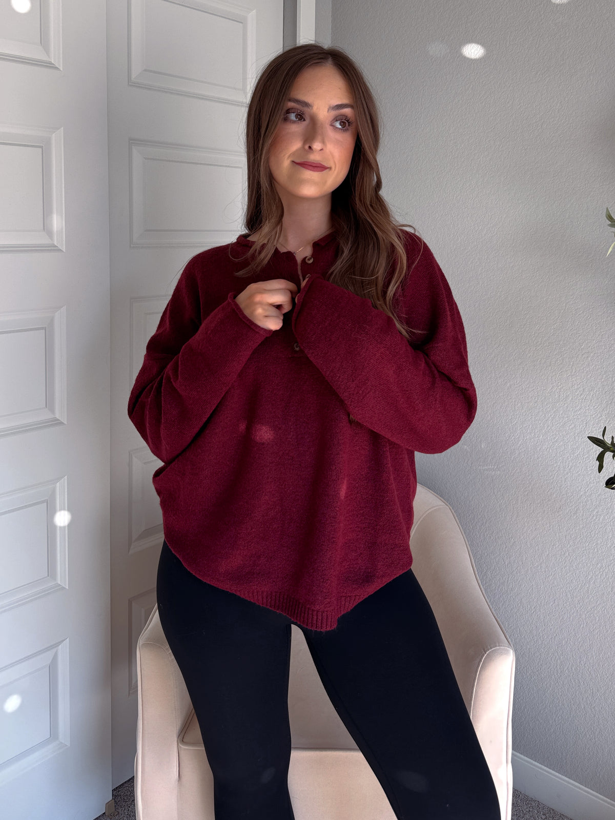 Dillon Oversized Henley Sweater (Burgundy)