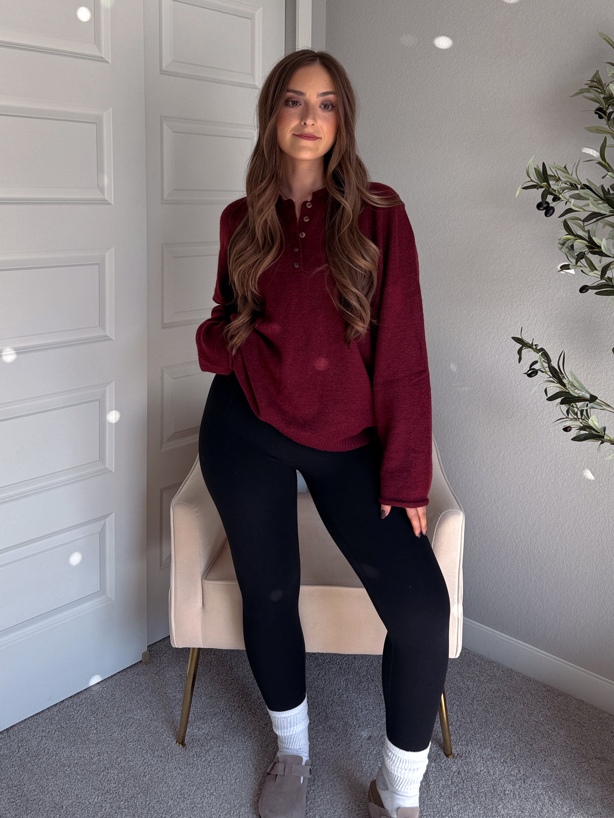 Dillon Oversized Henley Sweater (Burgundy)