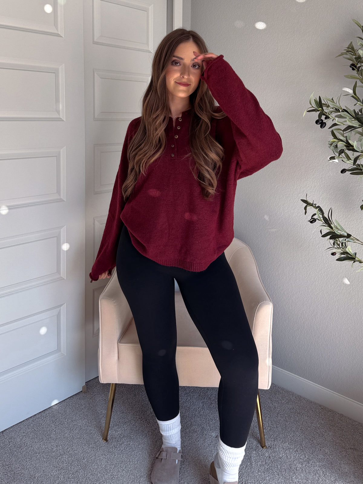 Dillon Oversized Henley Sweater (Burgundy)