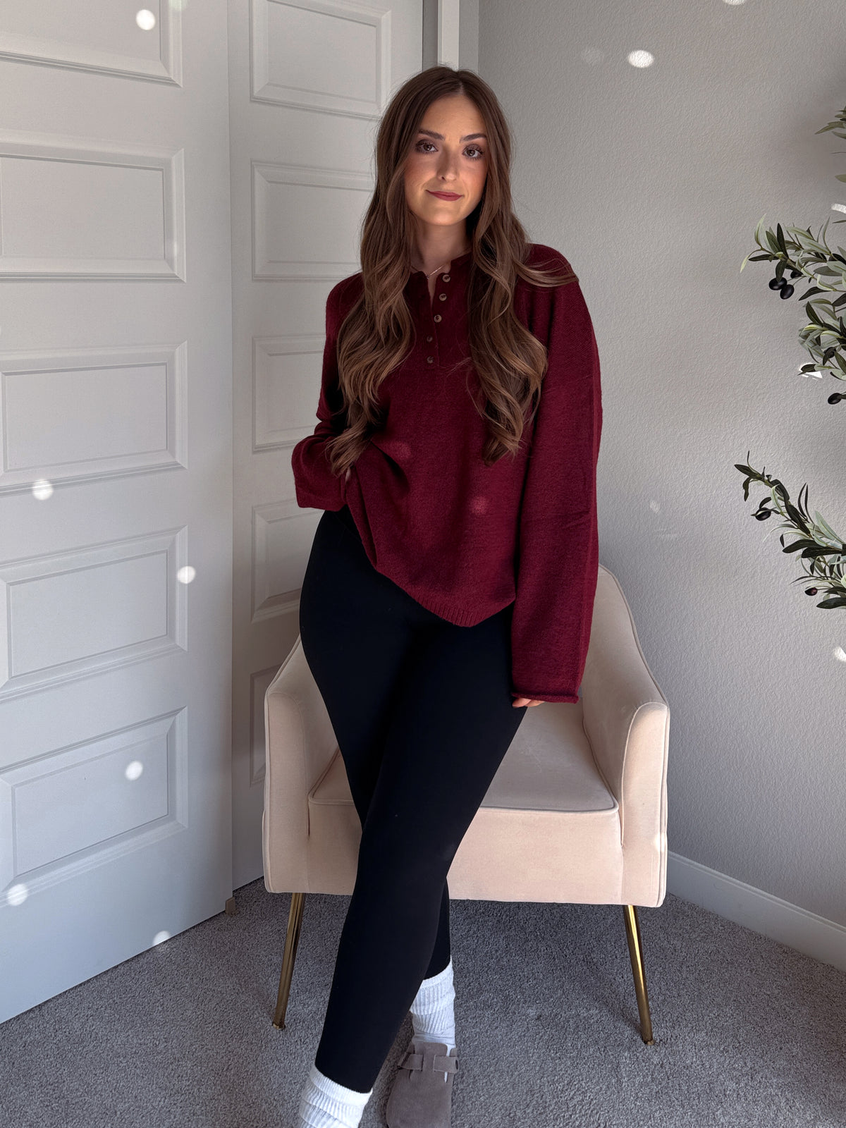 Dillon Oversized Henley Sweater (Burgundy)