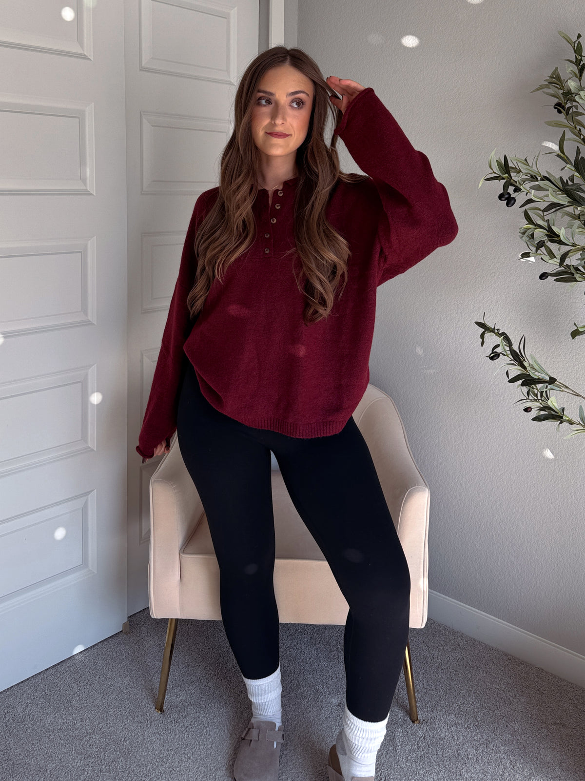 Dillon Oversized Henley Sweater (Burgundy)
