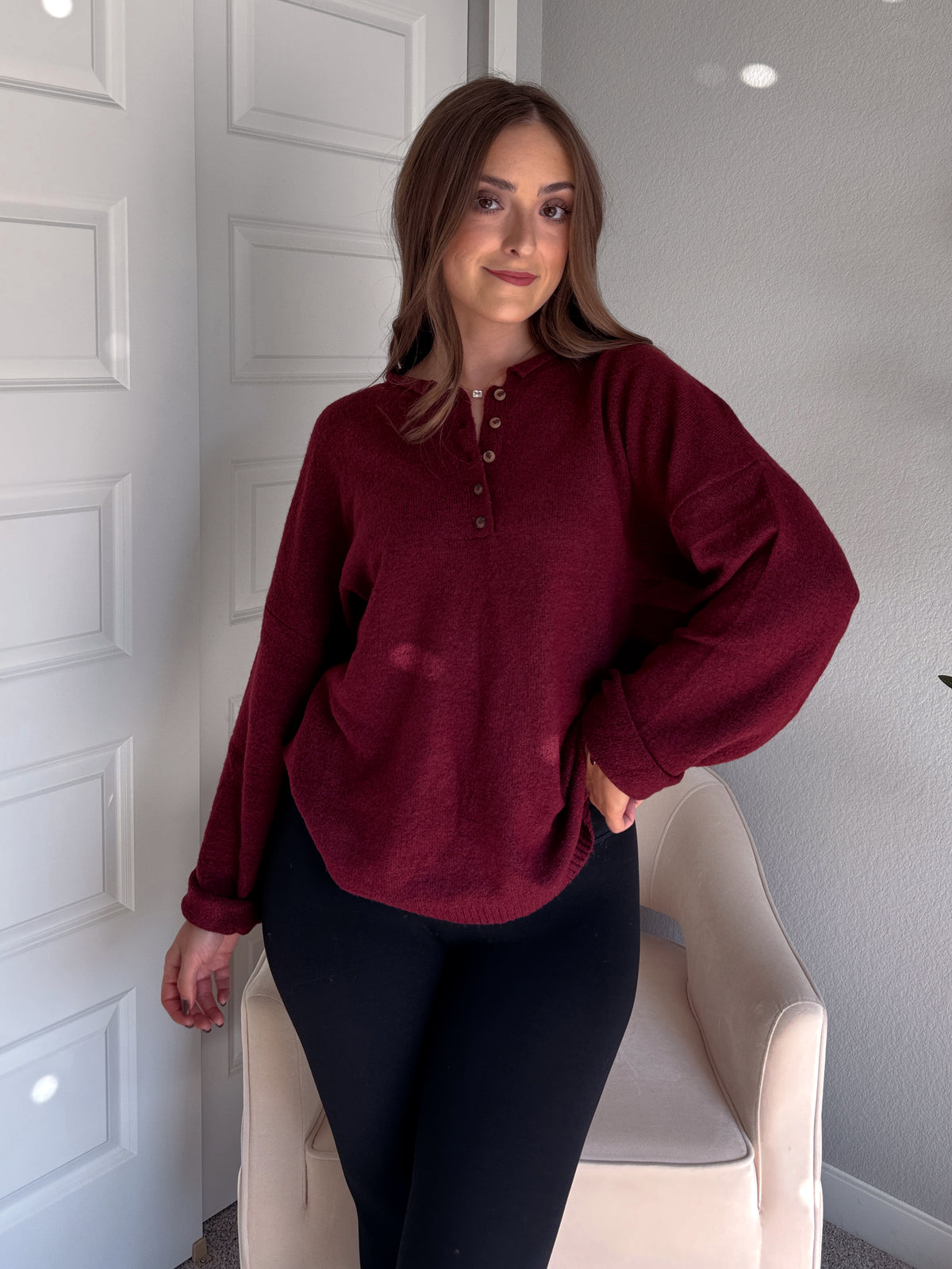 Dillon Oversized Henley Sweater (Burgundy)