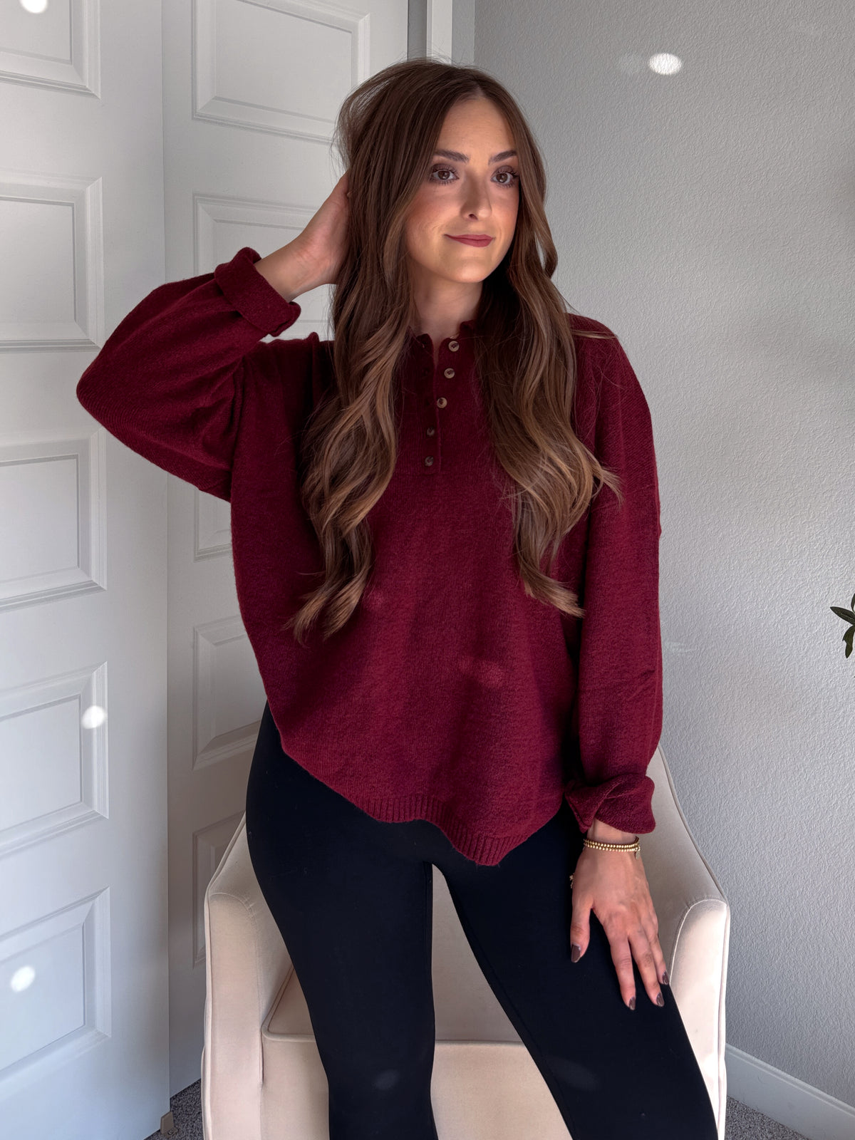 Dillon Oversized Henley Sweater (Burgundy)
