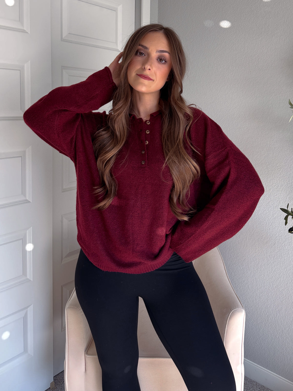 Dillon Oversized Henley Sweater (Burgundy)