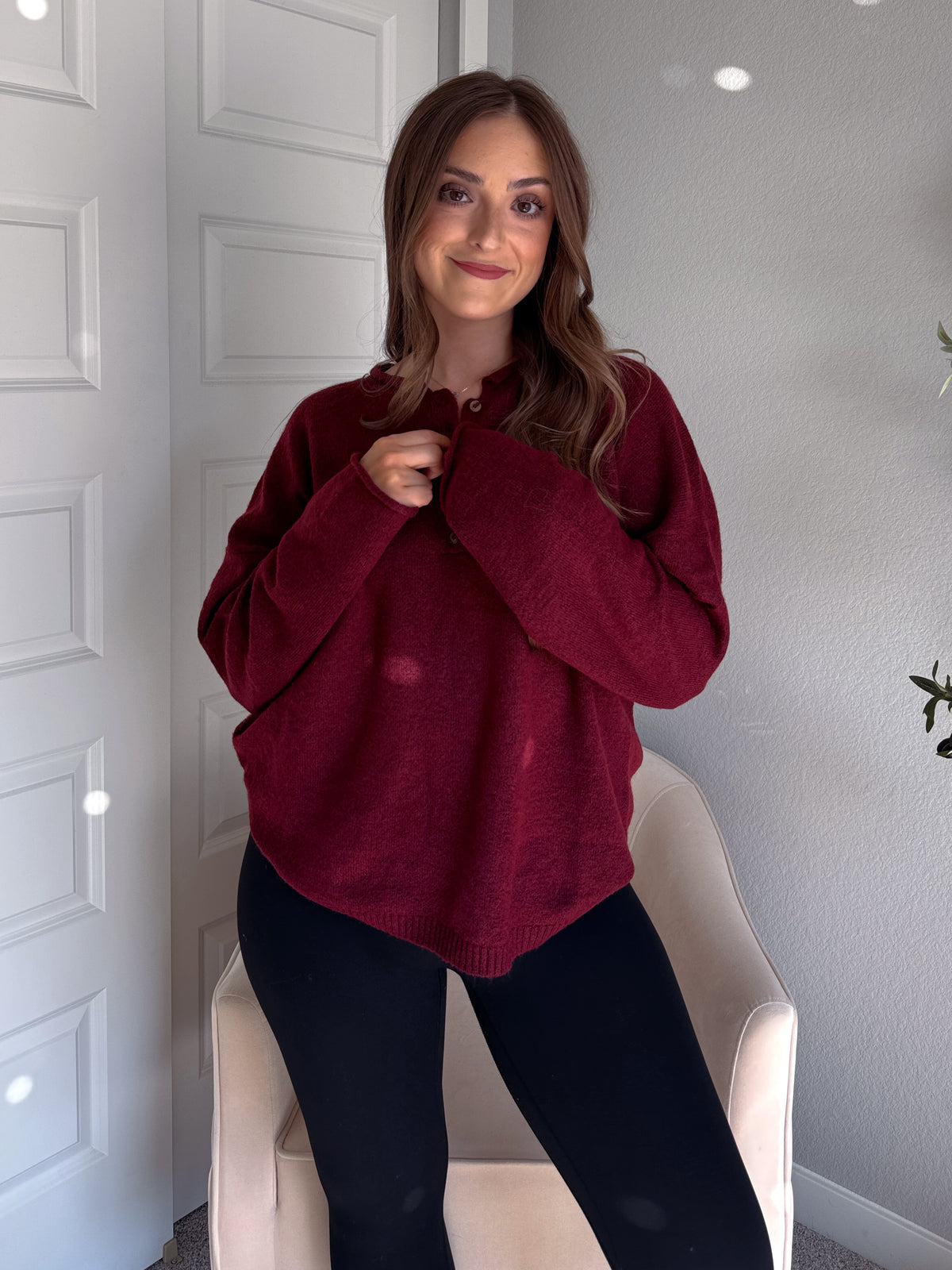 Dillon Oversized Henley Sweater (Burgundy)